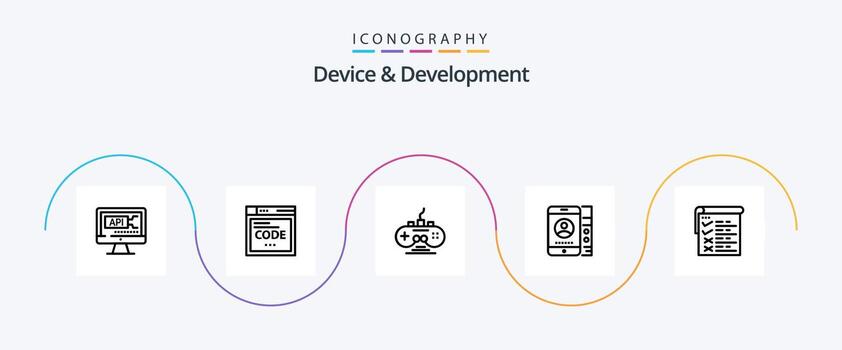 paquete de iconos de dispositivo y línea de desarrollo 5 que incluye pruebas. teléfono. controlador. servicio. móvil vector