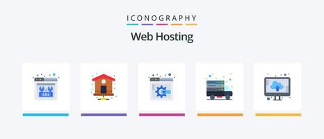 Paquete de 5 iconos planos de alojamiento web que incluye carga. computadora. mostrar el contenido de la página. nube. transferir. diseño de iconos creativos vector