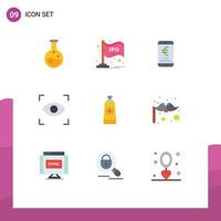 Mobile Interface Flat Color Set of 9 Pictograms of sunblock view mobile focus shopping Editable Vector Design Elements