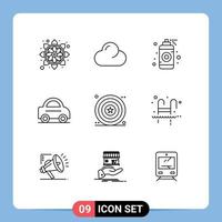 Mobile Interface Outline Set of 9 Pictograms of shield day graphic celebration vehicle Editable Vector Design Elements