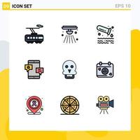 Pack of 9 Modern Filledline Flat Colors Signs and Symbols for Web Print Media such as skull network gas media chat Editable Vector Design Elements