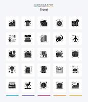 paquete de iconos de color negro sólido de 25 glifos de viajes creativos, como navegar. mapa. fotos ciudad. Brújula vector