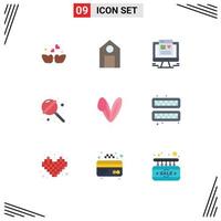 Pack of 9 Modern Flat Colors Signs and Symbols for Web Print Media such as face animal computer sweets lollipop Editable Vector Design Elements