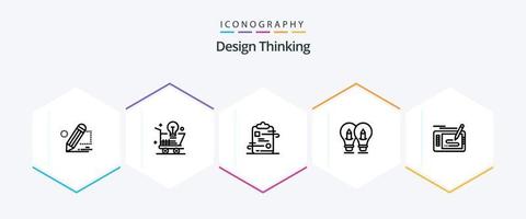 paquete de iconos de 25 líneas de pensamiento de diseño que incluye la solución. bulbo. idea. papel. Lista de Verificación vector