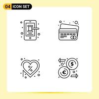 conjunto moderno de 4 pictogramas de colores planos de línea rellena de pago de comercio de corazón móvil ofrecen elementos de diseño vectorial editables vector