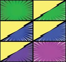 Comic book colorful frames background with halftone rays radial and dotted effects pop art style vector