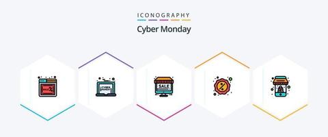 Cyber Monday 25 paquete de iconos de línea completa que incluye el lunes. cibernético lunes. venta. comercio vector