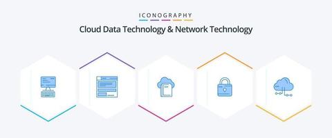 tecnología de datos en la nube y tecnología de red 25 paquetes de iconos azules que incluyen compartir. seguridad. nube. bloqueado bloquear vector