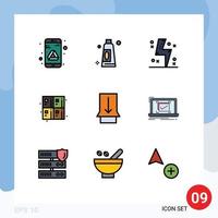 Pack of 9 Modern Filledline Flat Colors Signs and Symbols for Web Print Media such as slide formula charge education back to school Editable Vector Design Elements