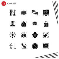 Set of 16 Vector Solid Glyphs on Grid for athlete typography cctv text technology Editable Vector Design Elements