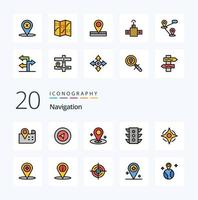 paquete de iconos de color relleno de 20 líneas de navegación como señal de regla de navegación de brújula vector