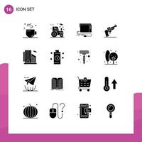 Pack of 16 creative Solid Glyphs of building weapon audio hand sound Editable Vector Design Elements