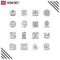 Mobile Interface Outline Set of 16 Pictograms of global web package movie design Editable Vector Design Elements