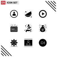 Pictogram Set of 9 Simple Solid Glyphs of coins money investment music schedule sale calendar Editable Vector Design Elements