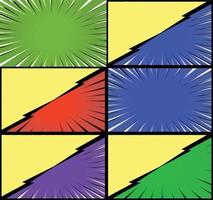 Comic book colorful frames background with halftone rays radial and dotted effects pop art style vector