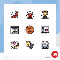 grupo de 9 signos y símbolos de colores planos de línea rellena para elementos de diseño vectorial editables de comunicación de interfaz de premio de imagen de baloncesto vector