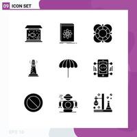 Group of 9 Modern Solid Glyphs Set for beach house science lighthouse outline Editable Vector Design Elements