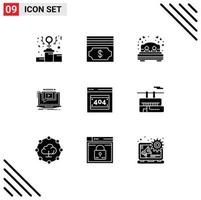 Universal Icon Symbols Group of 9 Modern Solid Glyphs of error page video dating tutorial player Editable Vector Design Elements