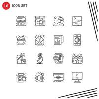 paquete de 16 signos y símbolos de contornos modernos para medios de impresión web, como elementos de diseño de vectores editables de imagen china de paraguas de comida de contacto