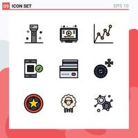 Set of 9 Modern UI Icons Symbols Signs for card device youtube delivery application Editable Vector Design Elements