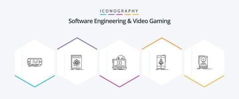 paquete de iconos de 25 líneas de ingeniería de software y videojuegos que incluye inicio. juego. plataforma. video. en línea vector