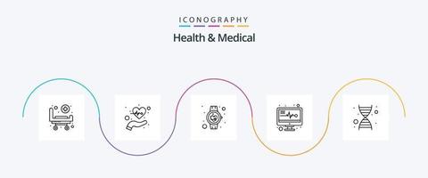 paquete de iconos de la línea médica y de salud 5 que incluye ADN. monitor medico pulsos. electrónica médica. legumbres vector