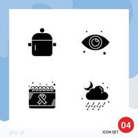 Editable Vector Line Pack of 4 Simple Solid Glyphs of cooking calendar kitchen view day Editable Vector Design Elements