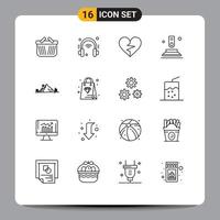 Group of 16 Modern Outlines Set for mountain finger heart button broken Editable Vector Design Elements