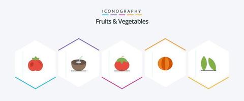 Paquete de 25 íconos planos de frutas y verduras que incluye comida. frijol. tomate. verduras. calabaza vector