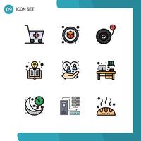 Mobile Interface Filledline Flat Color Set of 9 Pictograms of protection human wheel caring light bulb Editable Vector Design Elements