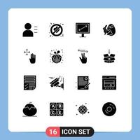 Group of 16 Modern Solid Glyphs Set for hold hand cursor display hand easter Editable Vector Design Elements