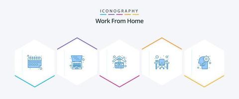 trabajar desde casa 25 paquete de iconos azules que incluye el cerebro. escritorio de oficina. maletín. monitor. mesa de ordenador vector