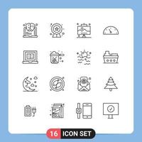 Universal Icon Symbols Group of 16 Modern Outlines of laptop book development speed gauge Editable Vector Design Elements