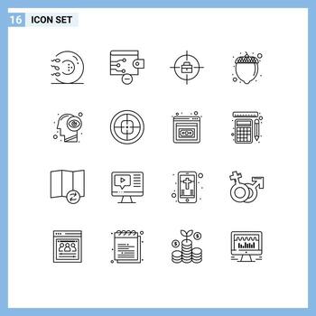 16 User Interface Outline Pack of modern Signs and Symbols of eye view mind target human hazelnut Editable Vector Design Elements