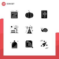 9 Universal Solid Glyph Signs Symbols of radio light summer recreation city Editable Vector Design Elements