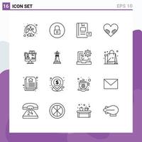 Mobile Interface Outline Set of 16 Pictograms of chat love multimedia heart knowledge Editable Vector Design Elements