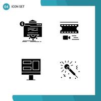 Mobile Interface Solid Glyph Set of 4 Pictograms of seo screen technology film window Editable Vector Design Elements