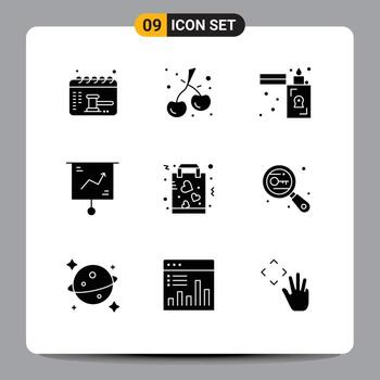 Mobile Interface Solid Glyph Set of 9 Pictograms of favorite presentation flame marketing chart Editable Vector Design Elements