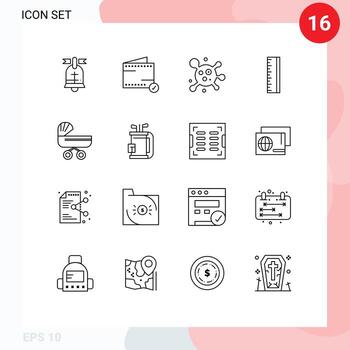 Pack of 16 Modern Outlines Signs and Symbols for Web Print Media such as push baby atom trolly design Editable Vector Design Elements