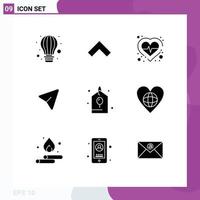 Pack of 9 Modern Solid Glyphs Signs and Symbols for Web Print Media such as gift birthday heart computer pin Editable Vector Design Elements