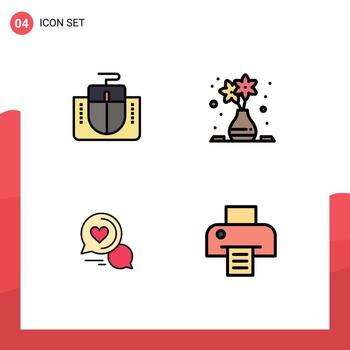 4 signos de color plano de línea de llenado universal símbolos de mensaje de mouse columna de computadora chat romántico elementos de diseño vectorial editables vector