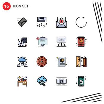 Mobile Interface Flat Color Filled Line Set of 16 Pictograms of dices rotate technology clockwise unlock Editable Creative Vector Design Elements