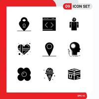 Pack of 9 creative Solid Glyphs of pin global hands love gift Editable Vector Design Elements