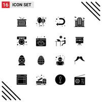 Group of 16 Modern Solid Glyphs Set for commerce work arrow place building Editable Vector Design Elements