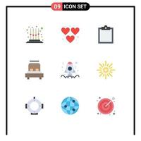 paquete de 9 signos y símbolos de colores planos modernos para medios de impresión web, como elementos de diseño de vectores editables de corazón de boda de búfer de aplicación de desarrollo