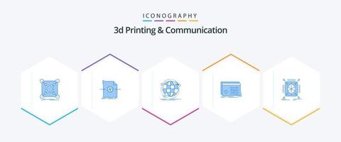 Paquete de 25 íconos azules de impresión y comunicación 3D, incluido el procesamiento. archivo. objeto. web. Internet vector