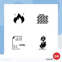 Pack of 4 creative Solid Glyphs of fire development construction bricks html Editable Vector Design Elements