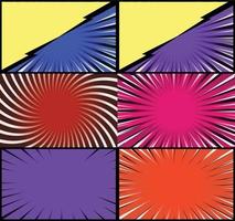 Comic book colorful frames background with halftone rays radial and dotted effects pop art style vector