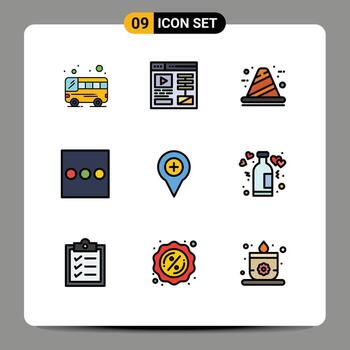 Modern Set of 9 Filledline Flat Colors Pictograph of plus navigation cone map menu Editable Vector Design Elements