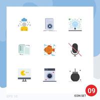 Conjunto de 9 colores planos universales para aplicaciones web y móviles archivos de transferencia de bombilla wlan de pescado elementos de diseño vectorial editables vector